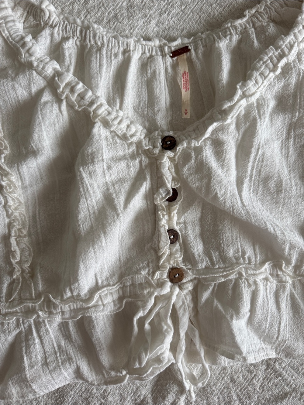 White Ruffle Button-Front Crop Top - Picture 2 of 4